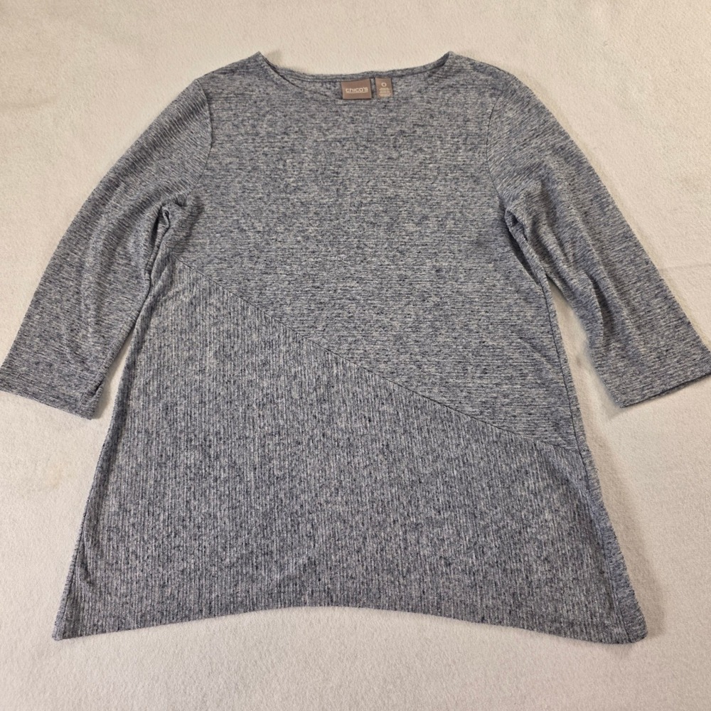 Chicos Blue Marled Knit Tunic Top 3/4 Sleeve Boat Neck Linen Blend Size 0 XS/S